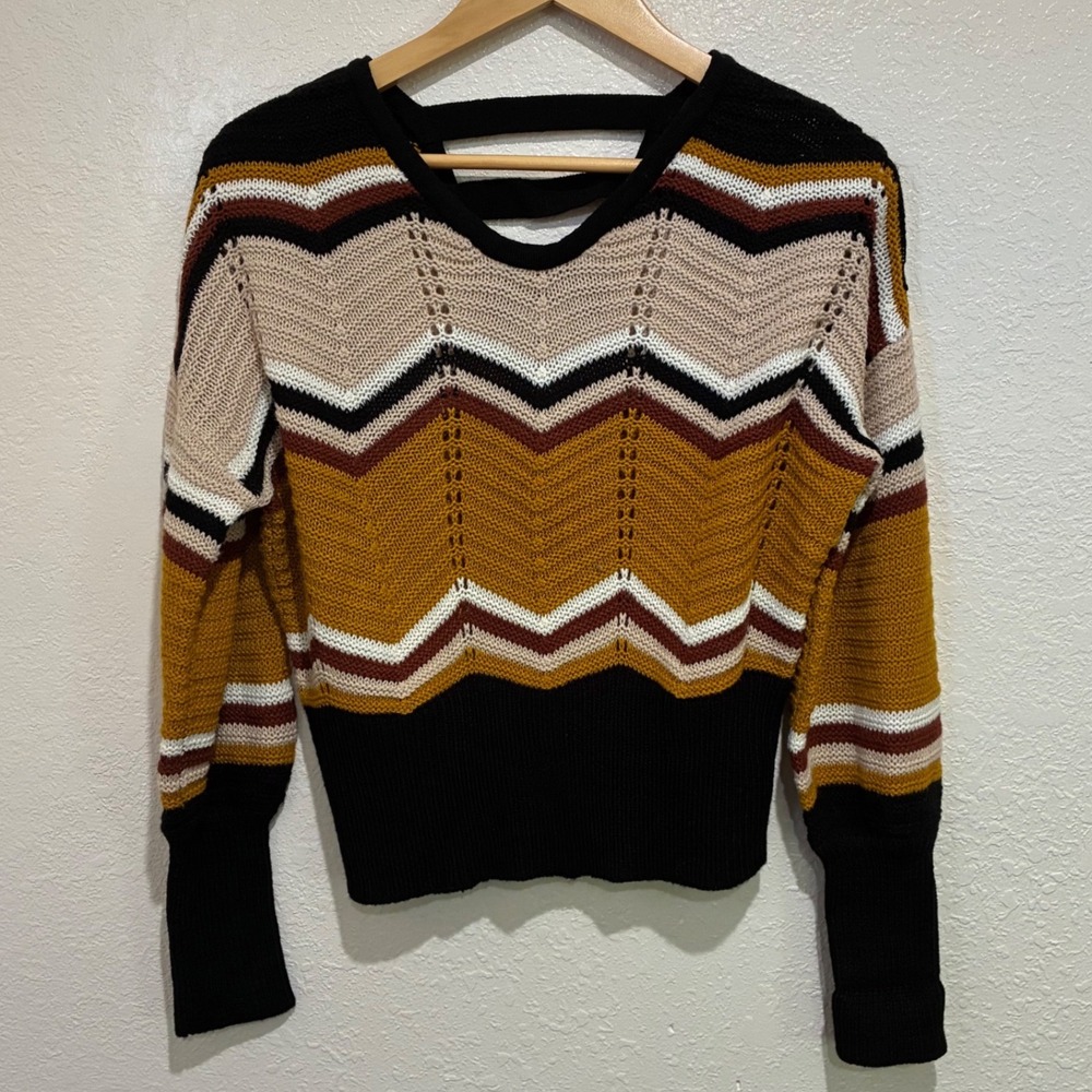 FCT WITH LOVE Chevron Knit Sweater Open Back Mustard Multi‎ J4M1731S Small